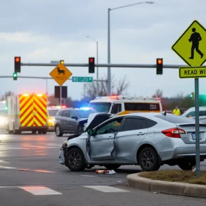 Scene of a car crash in Kansas City with emergency vehicles present