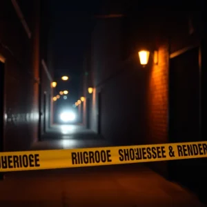 Crime scene in Kansas City with police tape and flashing lights.