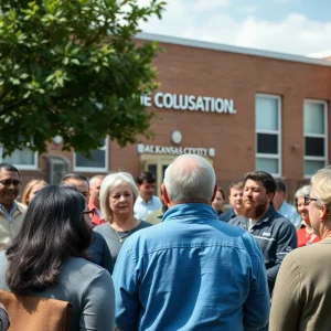 Community members discussing education funding at a Kansas City public school