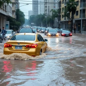 Urban flash flooding in Kansas City with submerged vehicles.