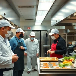Health inspector examining kitchen hygiene in Kansas City