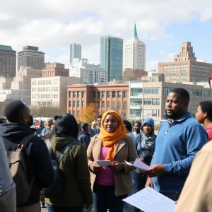People engaged in a community meeting about gun violence prevention.