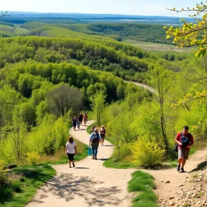 A group of hikers enjoying a sunny day on a trail in Missouri.