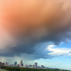 Dramatic clouds over Kansas City indicating a storm approaching after extreme heat.