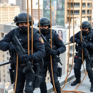 SWAT officers participating in a ropes training program in Kansas City.