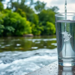 Glass of tap water next to a river