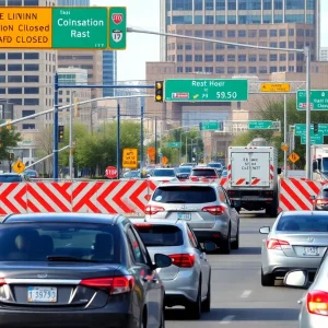 Traffic congestion on a Kansas City street with construction signs.