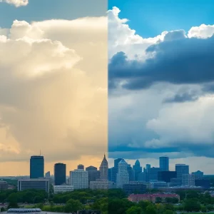 Dramatic weather in Kansas City with both sunny and rainy conditions.