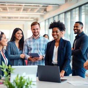 Diverse team collaborating in a Kansas City office space.