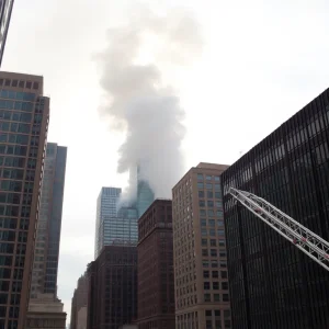 Firefighters tackling a blaze in a Kansas City high-rise building.