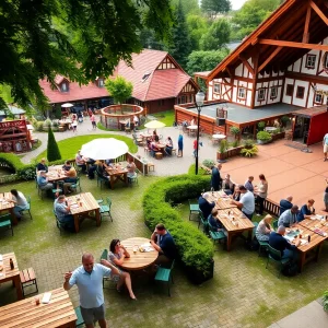 Bavarian Biergarten at KC Bier Co. with families and lush greenery