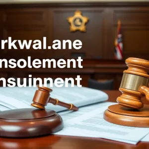 Courtroom scene representing lawsuit and workplace harassment allegations.