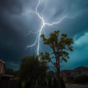 Lightning strike hitting a tree in a suburban neighborhood during a storm.