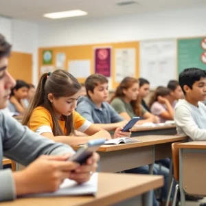 Classroom with 'No Cell Phones' signs and engaged students