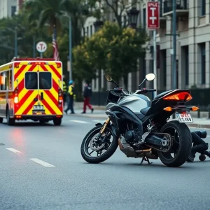 Scene of a motorcycle accident with emergency services responding.