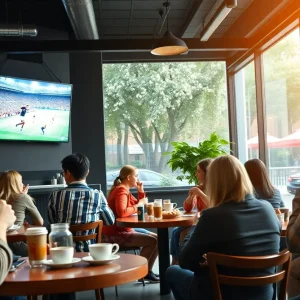 Interior of Pitchside Coffee with soccer-themed decor and customers enjoying coffee.