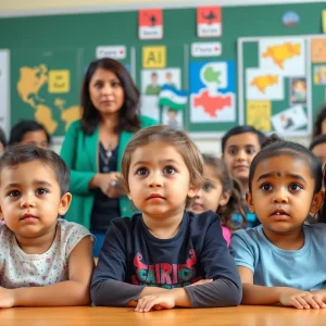 Children and educators in a classroom discussing funding issues