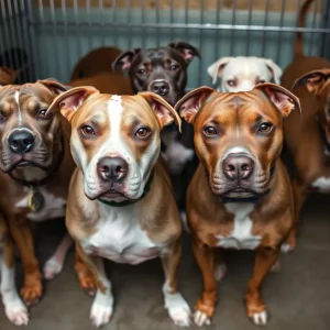 Group of rescued pit-bull-type dogs receiving care in a shelter