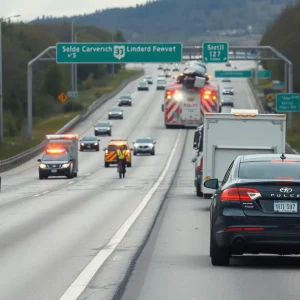 Scene of a rollover crash on 71 Highway in Kansas City with police and emergency vehicles