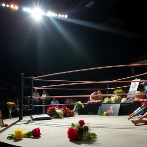 A wrestling ring surrounded by flowers and memorabilia in tribute.