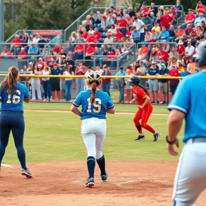 Action shot of UMKC softball team during a game with a cheering crowd in the background.