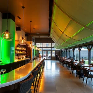 Interior of Verdigris Cocktail Bar with green neon accents