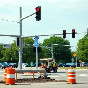 Construction workers repairing a water main break at a busy intersection in Overland Park.