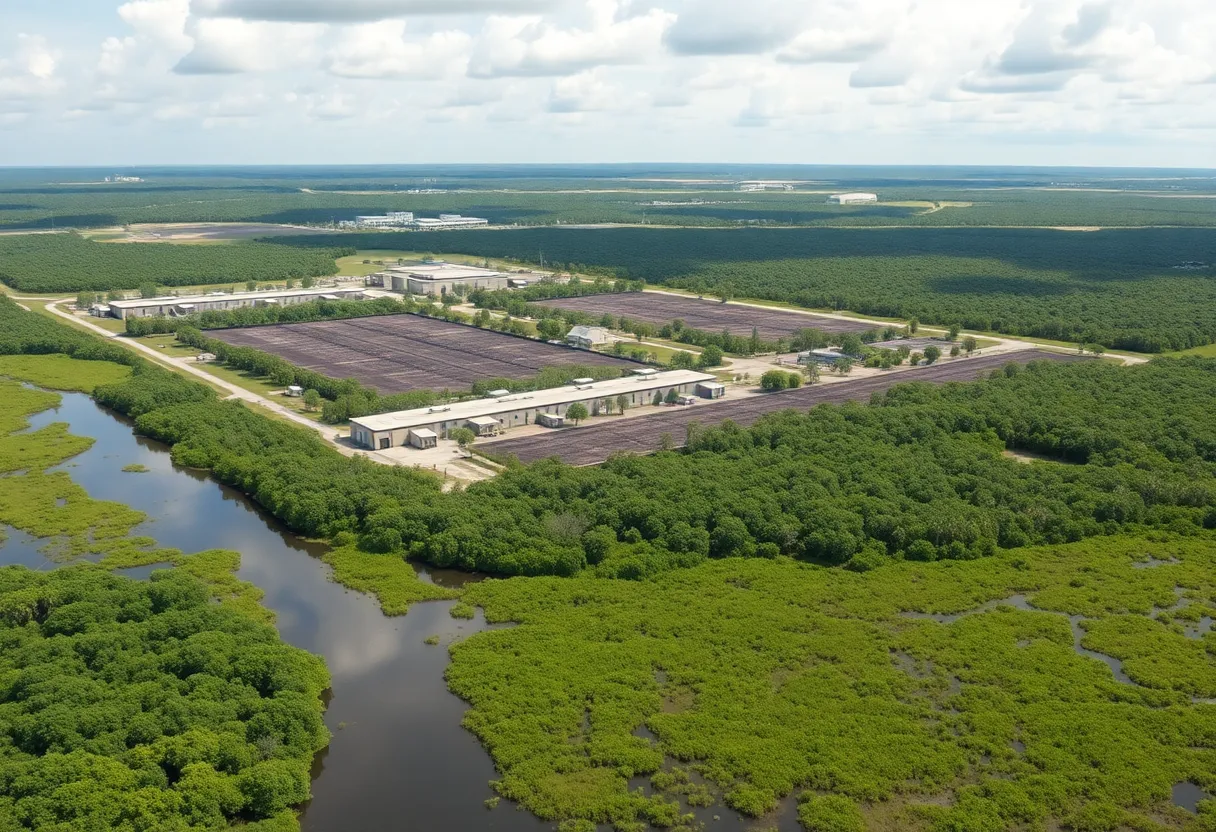 Exterior view of the Alligator Alcatraz immigration detention facility in Florida
