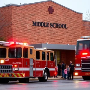 Fire trucks and emergency personnel at Arrowhead Middle School