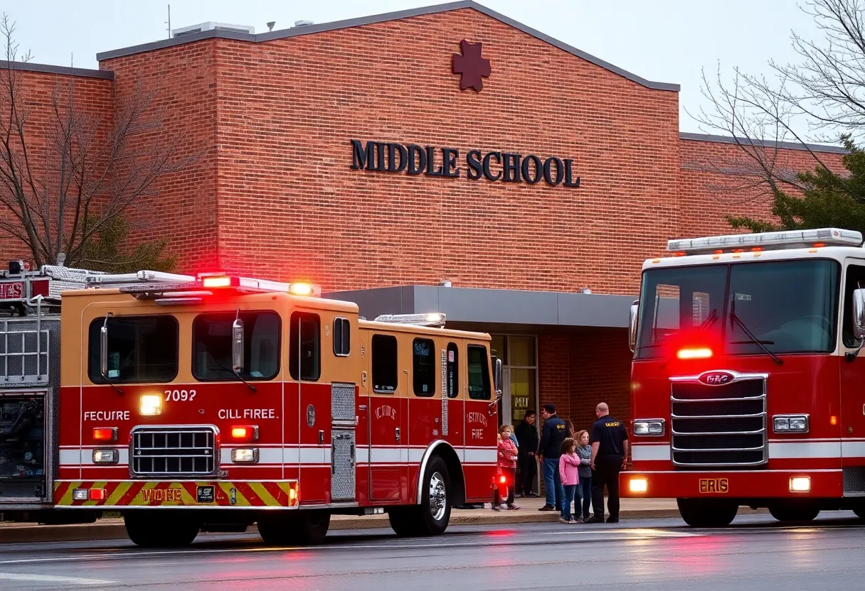 Fire trucks and emergency personnel at Arrowhead Middle School