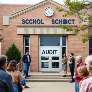 Hickman Mills School District building with audit sign and community members.