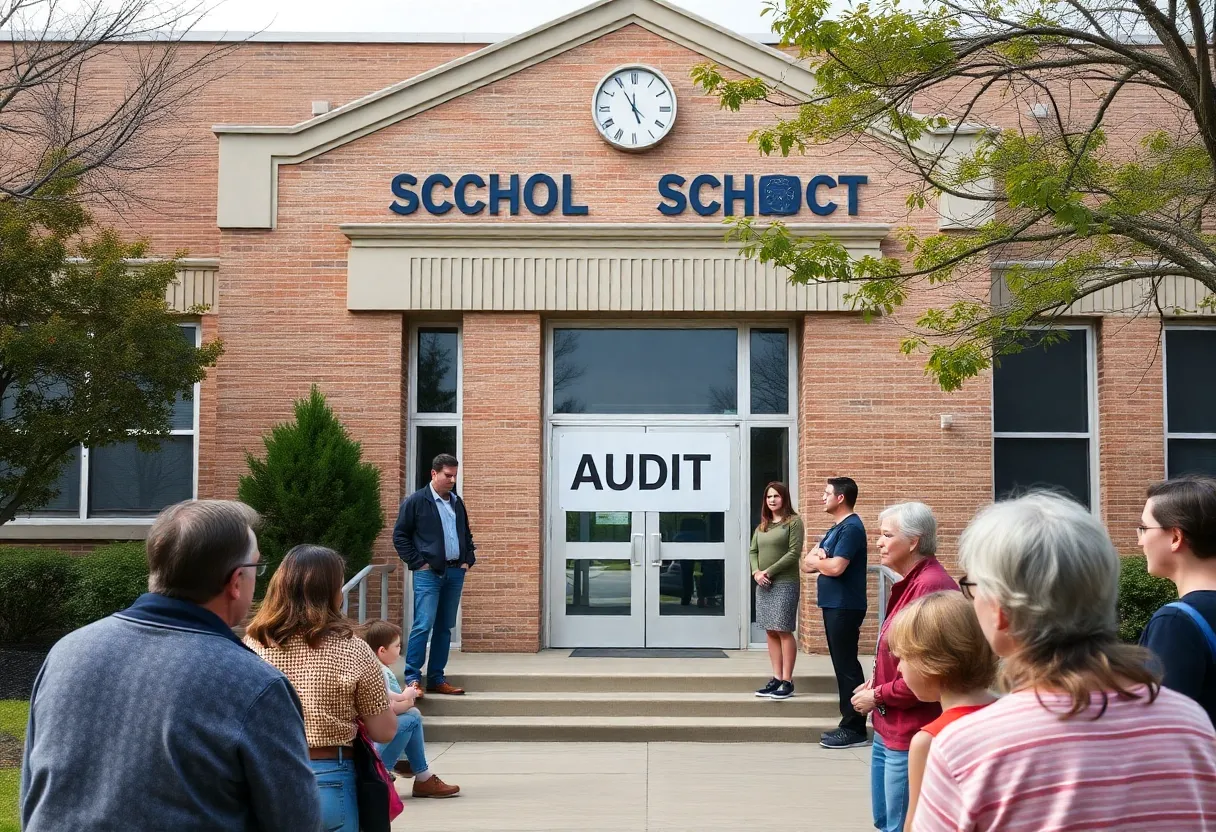 Hickman Mills School District building with audit sign and community members.