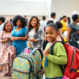 Families participating in a community event for school supplies