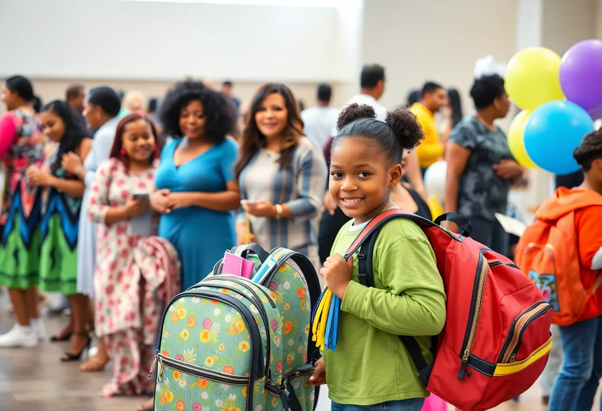 Families participating in a community event for school supplies