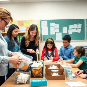 Teachers and students in a classroom working together with supplies