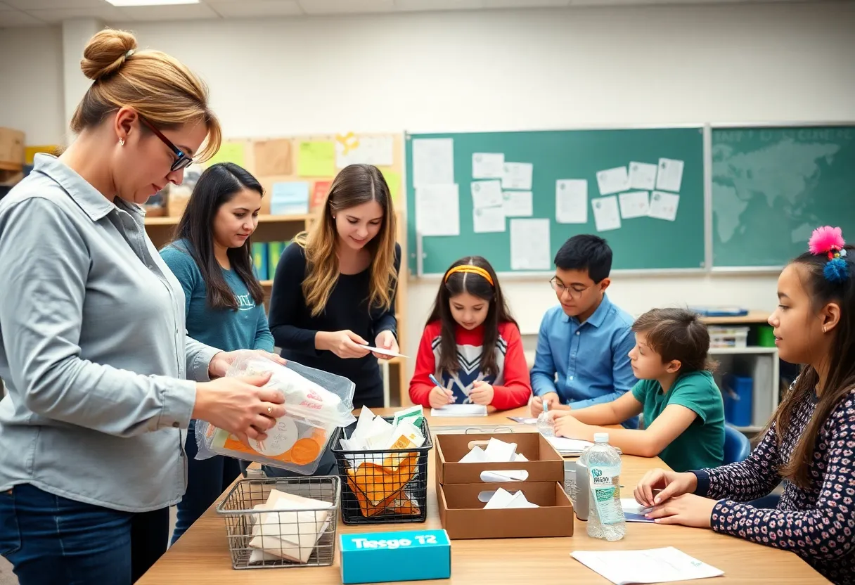 Teachers and students in a classroom working together with supplies
