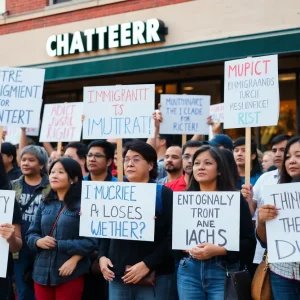 Protesters advocating for immigrant rights outside restaurant in Kansas City.