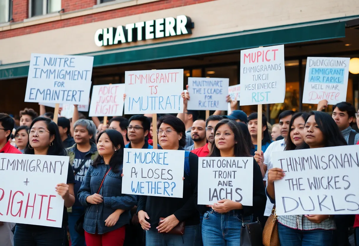 Protesters advocating for immigrant rights outside restaurant in Kansas City.