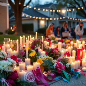 Vigil for domestic violence victim with flowers and candles