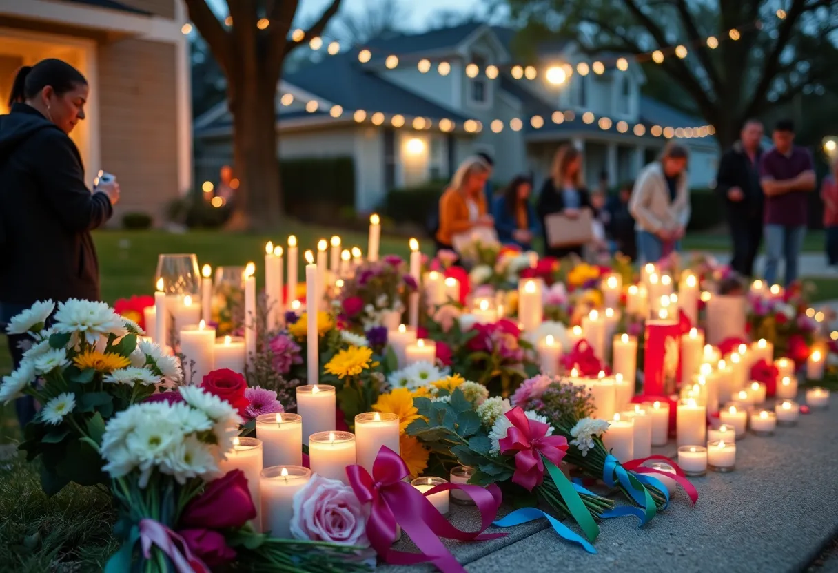 Vigil for domestic violence victim with flowers and candles