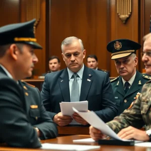 Scene depicting a courtroom discussing National Guard deployment.