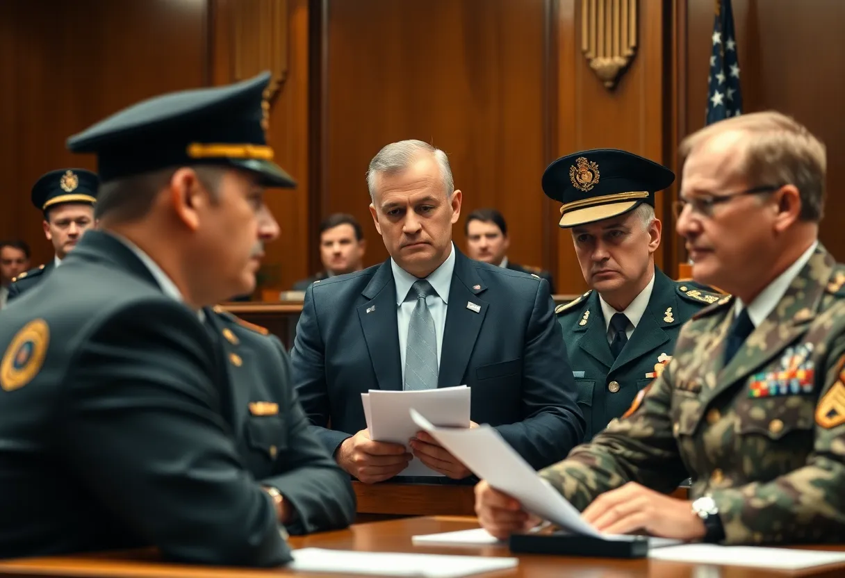 Scene depicting a courtroom discussing National Guard deployment.