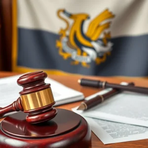 Courtroom scene representing lawsuit against stadium funding bill