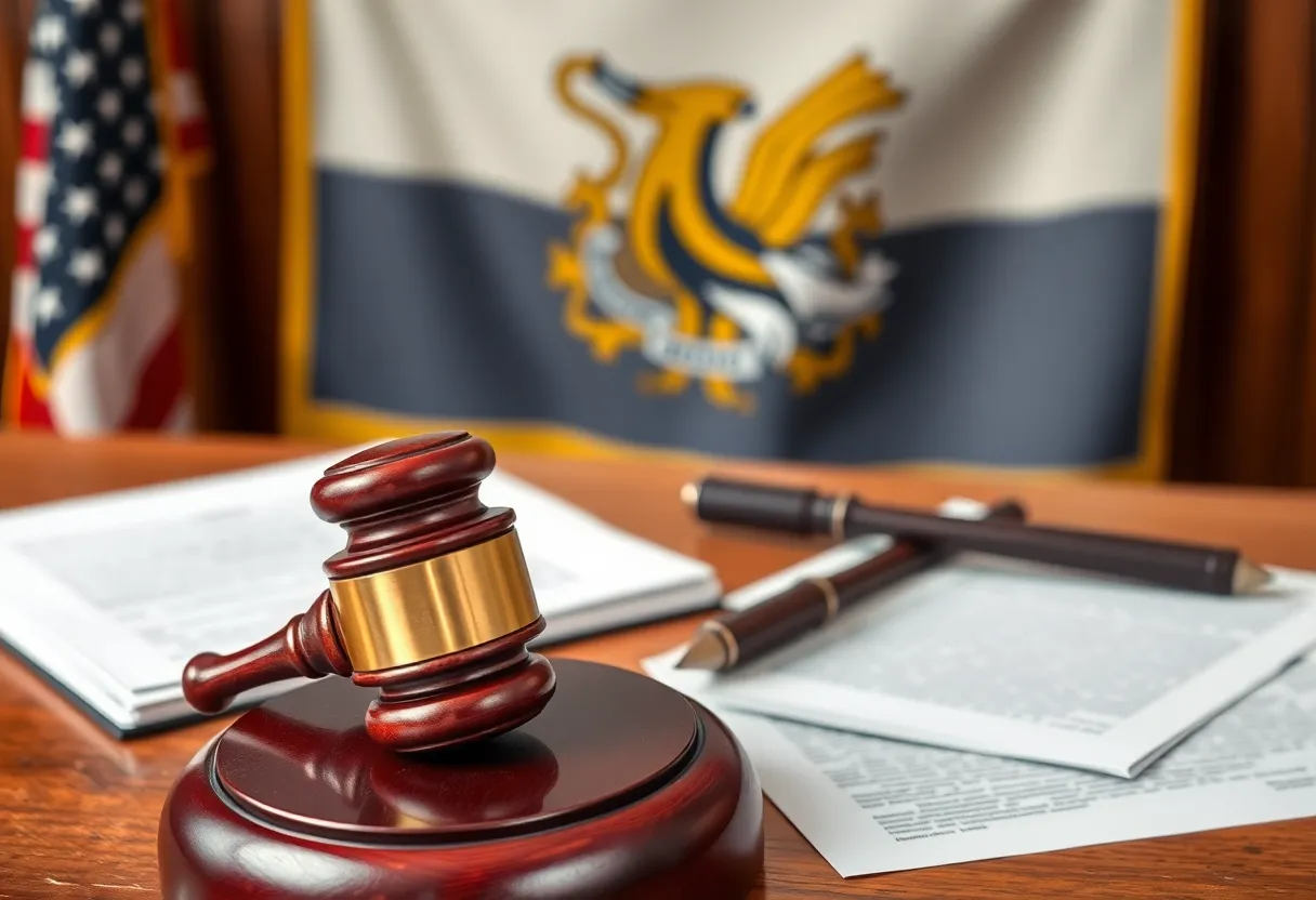 Courtroom scene representing lawsuit against stadium funding bill