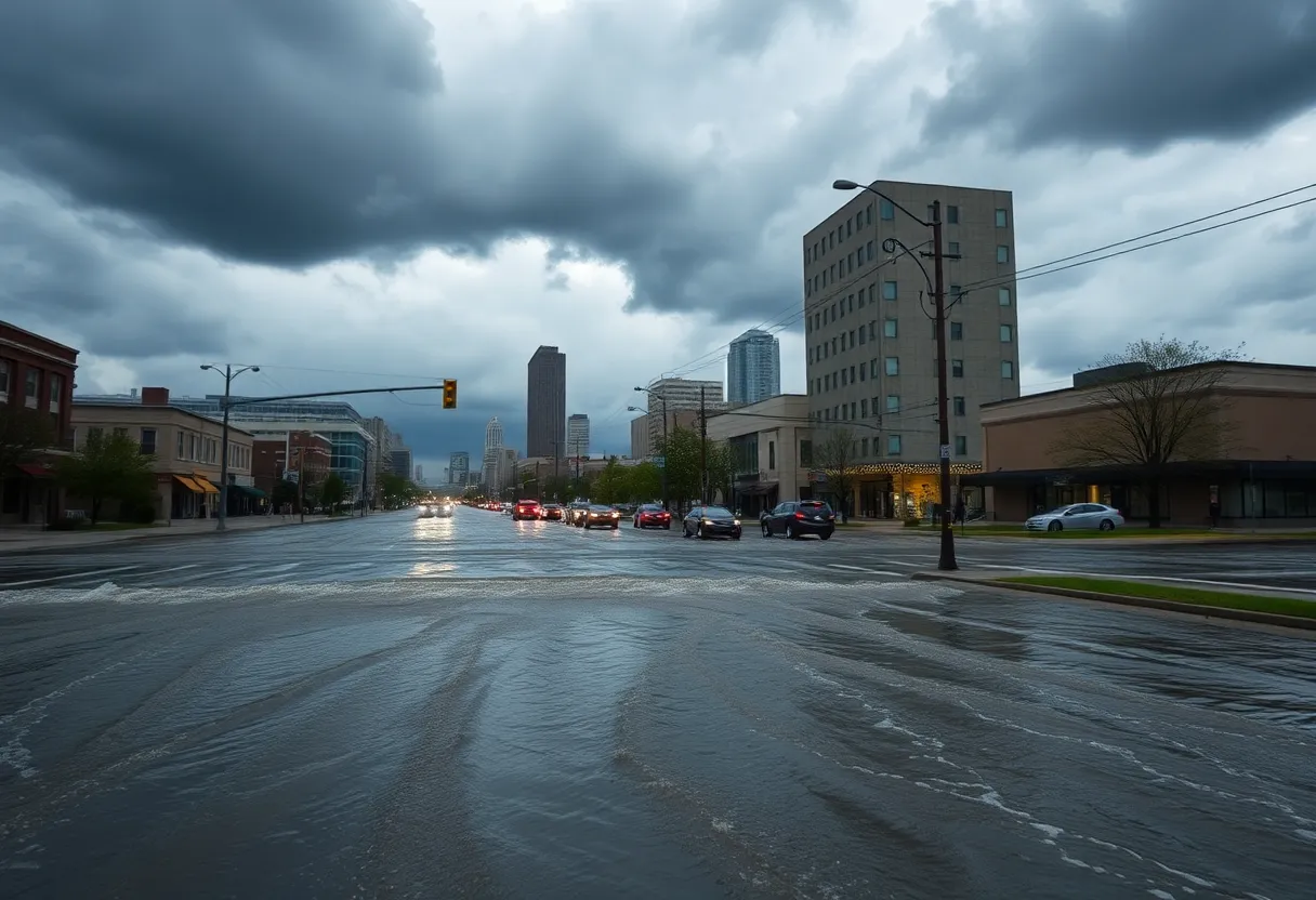 Severe flooding in Kansas City streets with storm clouds