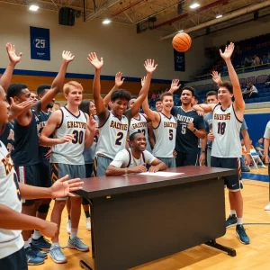 Fresno State Bulldogs celebrating a new addition to their basketball team