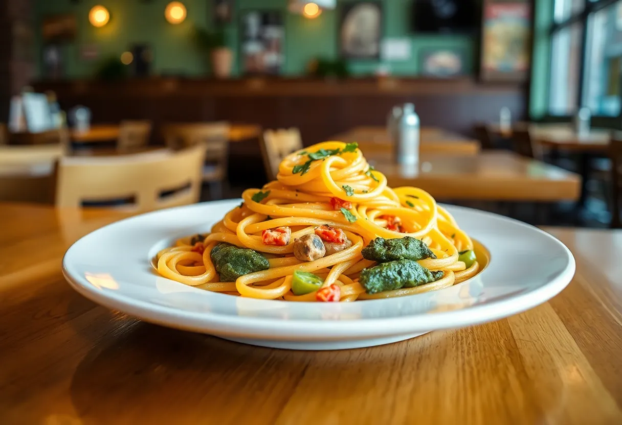 A plate of colorful handmade pasta showcasing different shapes and ingredients