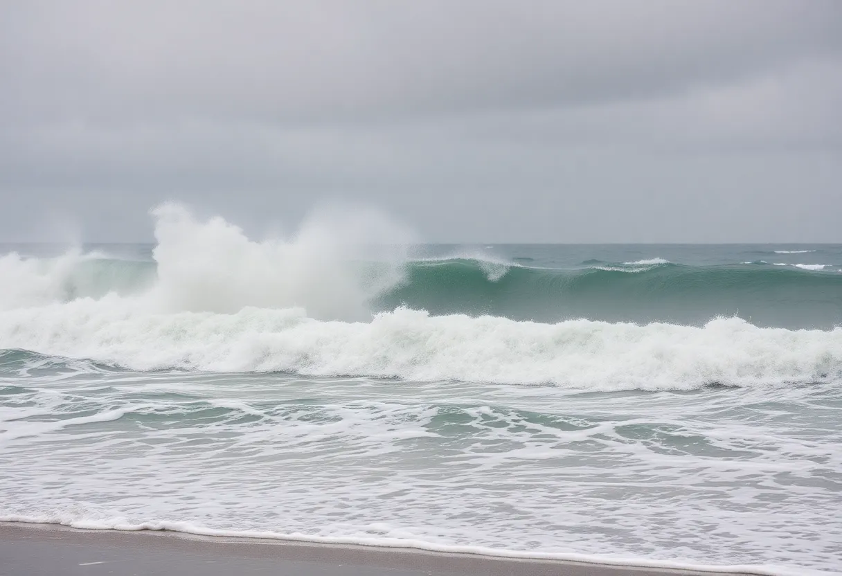 Coastal scene impacted by Hurricane Erin with heavy rain and rough seas