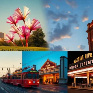 Montage of Kansas City landmarks including shuttlecocks, murals, Union Station, fountain and streetcar