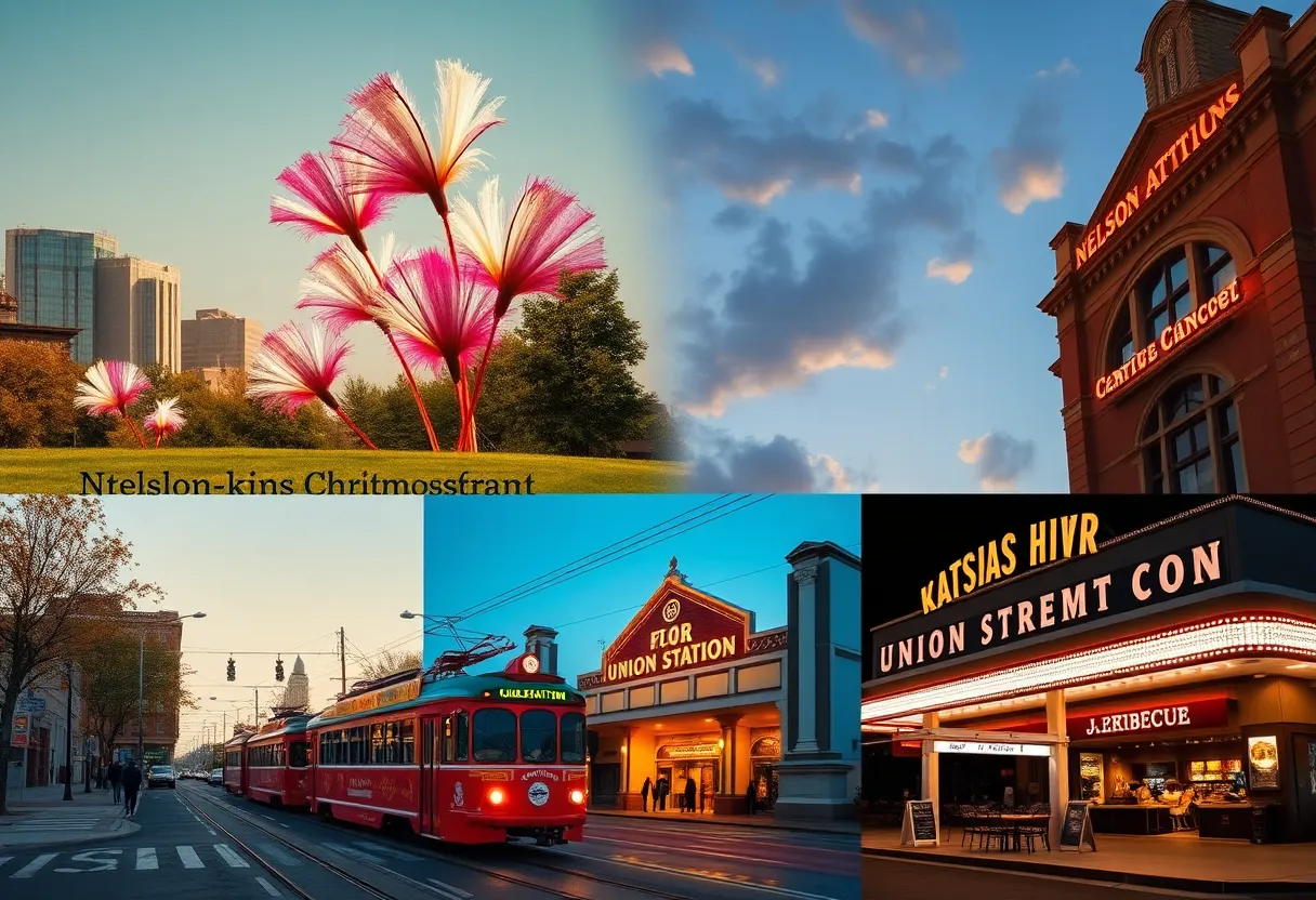 Montage of Kansas City landmarks including shuttlecocks, murals, Union Station, fountain and streetcar